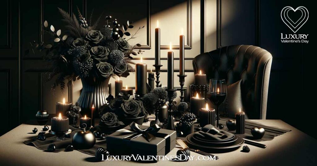 Sophisticated black-themed Valentine's Day scene. | Luxury Valentine's Day