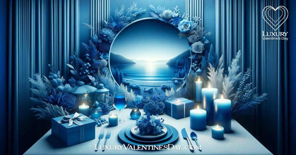 Tranquil blue-themed Valentine's Day dinner scene. | Luxury Valentine's Day