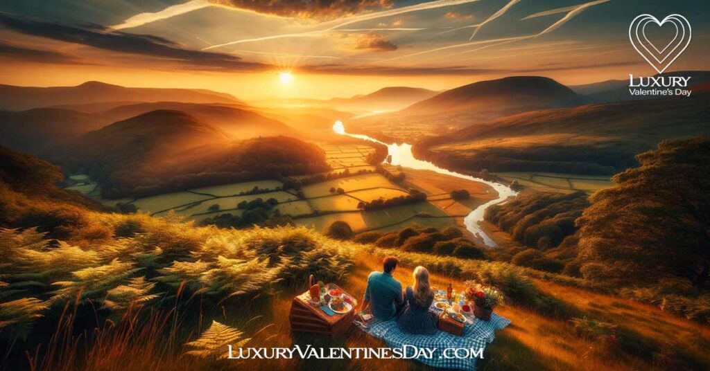 Couple enjoying a sunset picnic in the Welsh countryside. | Luxury Valentine's Day