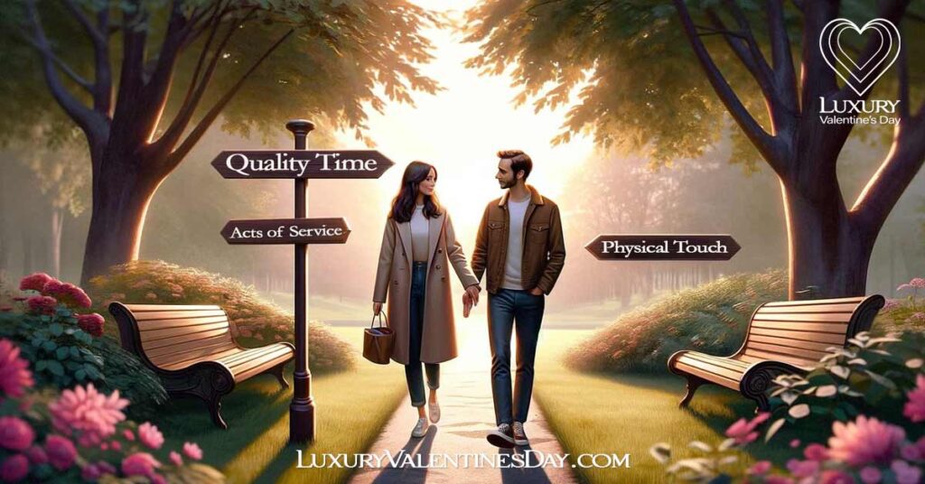Compatibility with Other Love Languages: Couple enjoying a serene walk in a park, symbolizing the combination of Quality Time and Acts of Service in a relationship | Luxury Valentine's Day