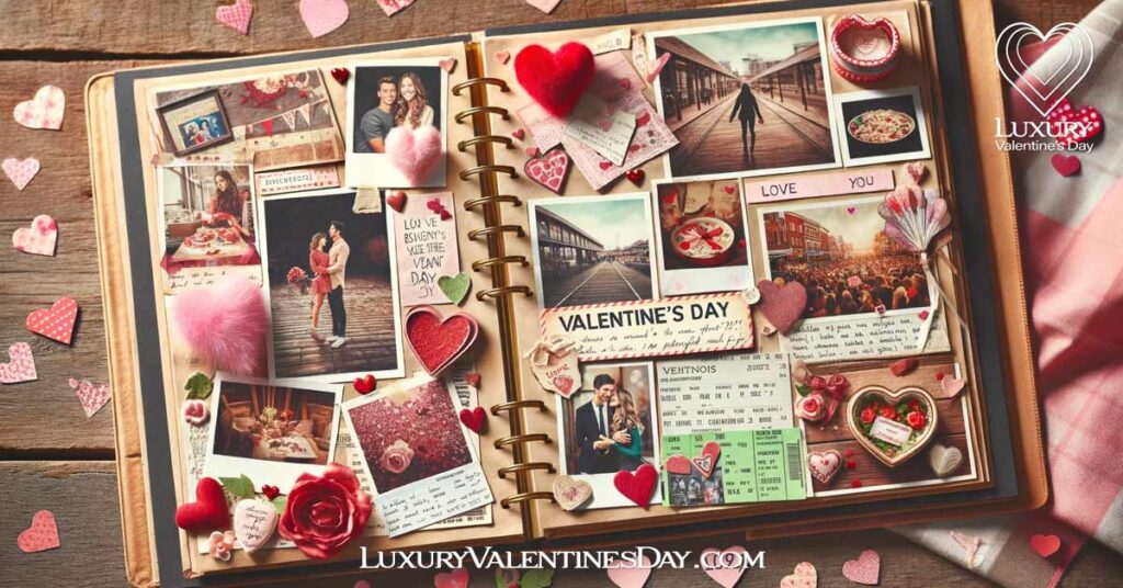 How To Plan Valentine's Day: Open scrapbook page filled with Valentine's Day memories, photos, and handwritten notes | Luxury Valentine's Day