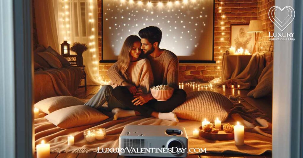 How To Plan Valentine's Day: Couple setting up a romantic indoor movie night with a projector, candles, and fairy lights | Luxury Valentine's Day