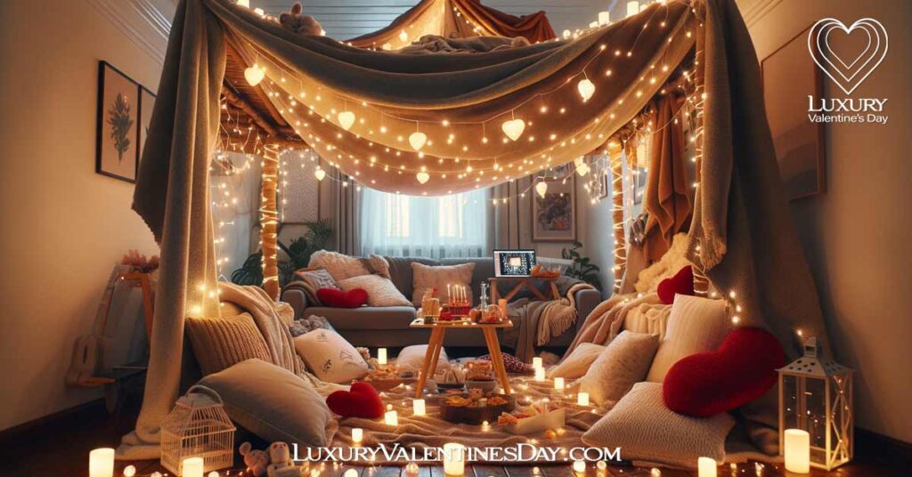 Creative Valentines Date Night Ideas: Cozy indoor fort with fairy lights for a creative Valentine's date | Luxury Valentine's Day