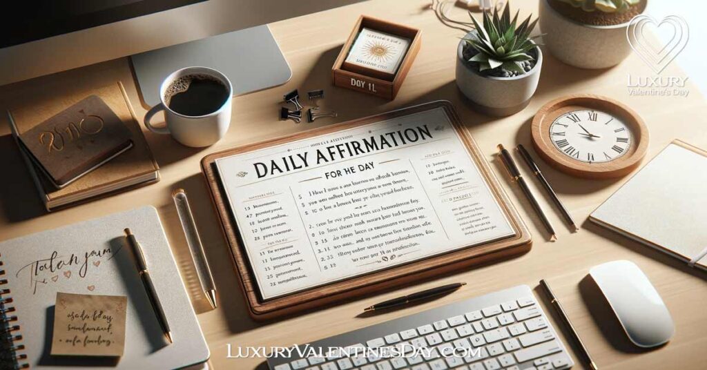 Daily Affirmations for Her: Daily affirmation calendar on a home office desk with a laptop and a cup of coffee. | Luxury Valentine's Day
