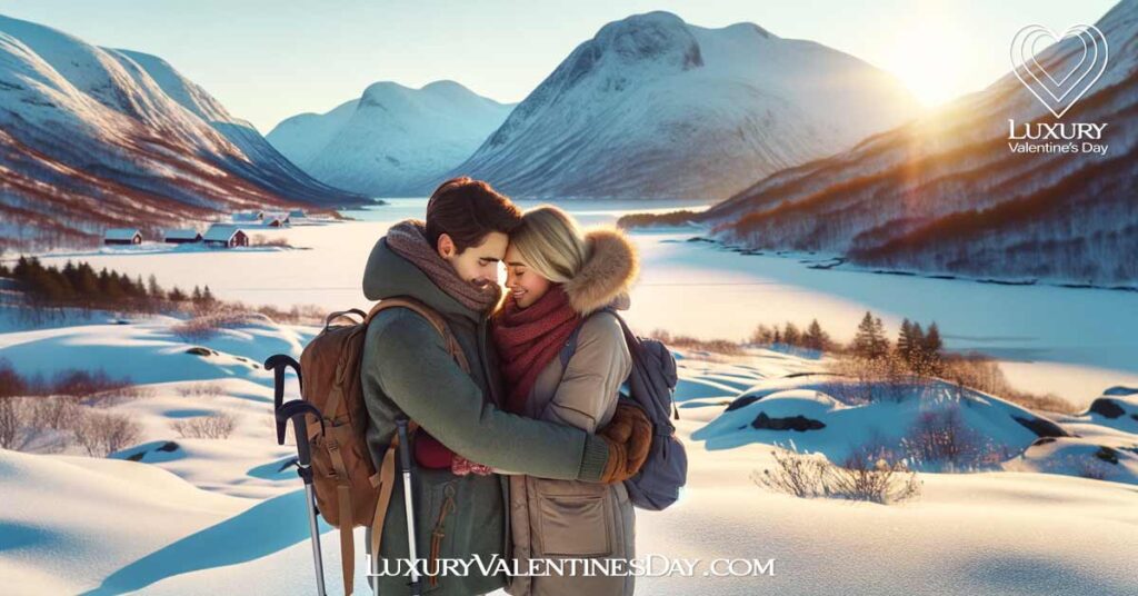 Do's and Don'ts for Valentine's Day Norway: Couple dressed warmly for a romantic outdoor activity in Norway. | Luxury Valentine's Day