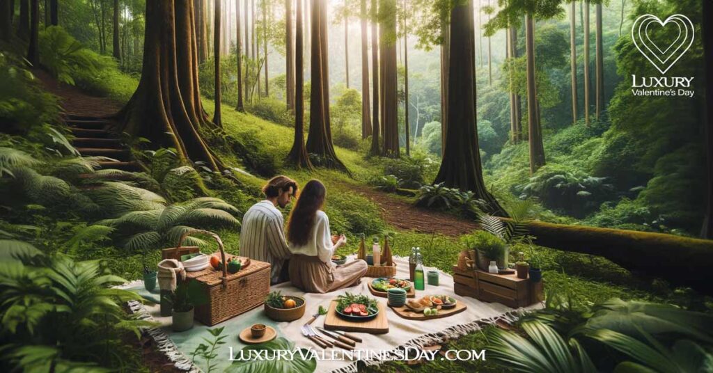 Eco Friendly Romantic Date Ideas: Couple enjoying an eco-friendly picnic in a forest clearing | Luxury Valentine's Day