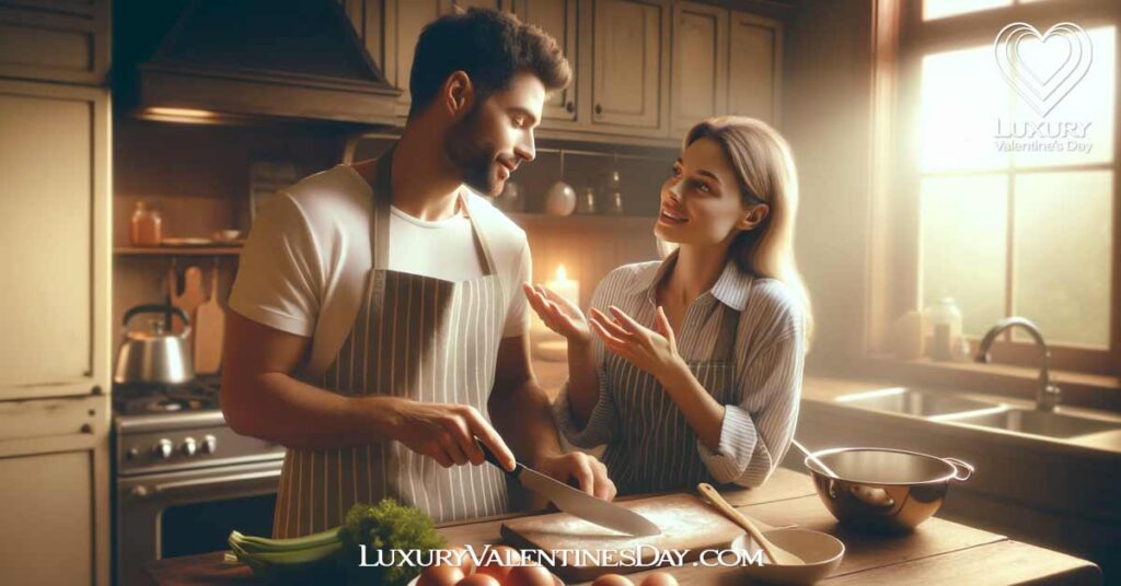 Effective Strategies for Expressing Words of Affirmation. Couple appreciating each other's culinary skills in the kitchen. | Luxury Valentine's Day