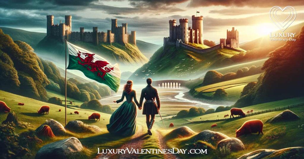 Couple walking hand in hand in a legendary Welsh landscape with castles. | Luxury Valentine's Day