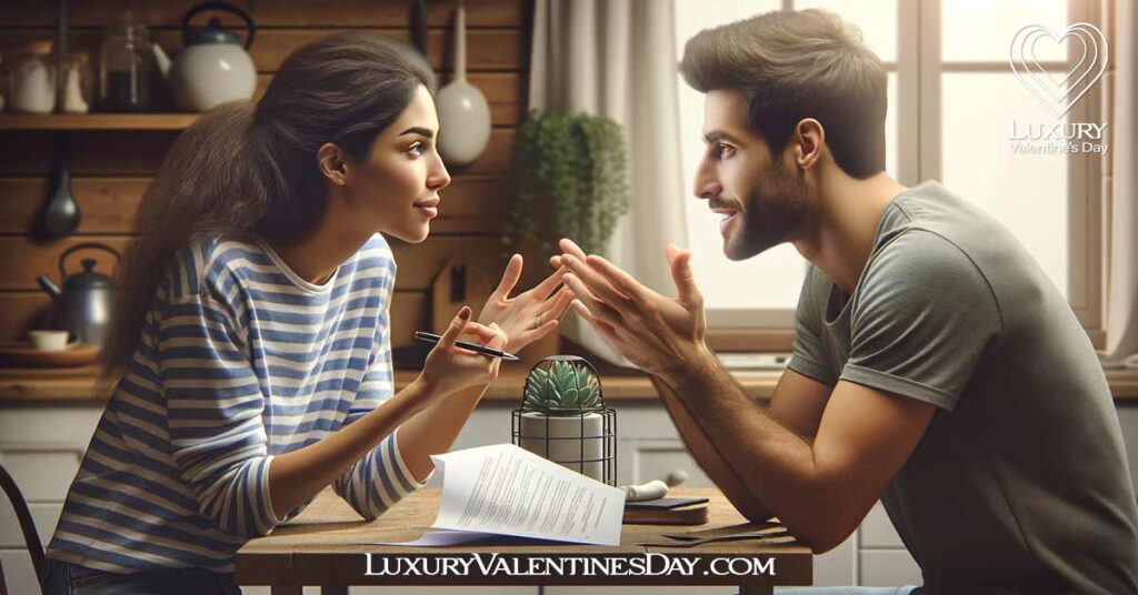Words of Affirmation for Him: Couple practicing balanced exchange of affirmations in a comfortable setting | Luxury Valentine's Day