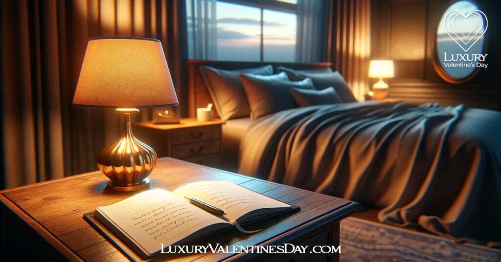 Evening Affirmations for Her: Cozy bedroom at dusk with a journal of evening affirmations on the nightstand | Luxury Valentine's Day