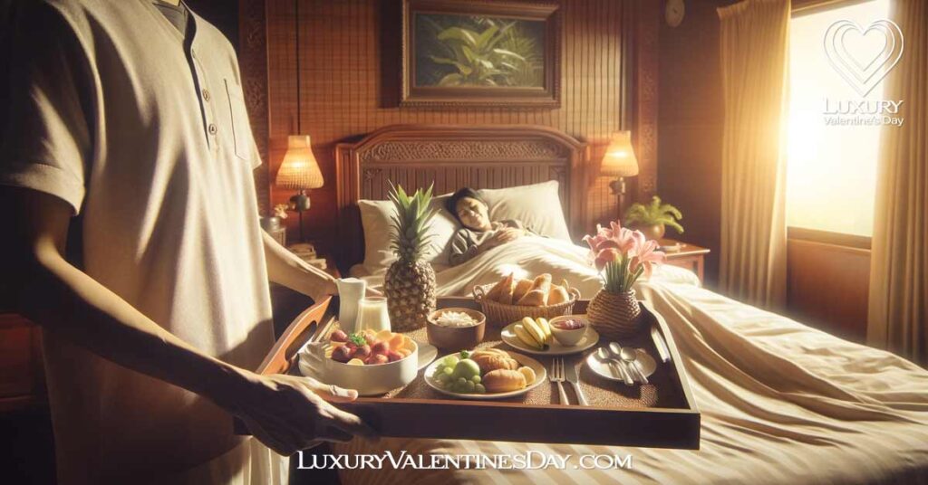 Examples and Ideas of Acts of Service Love Language: Partner preparing surprise breakfast in bed, showcasing an act of service. | Luxury Valentine's Day