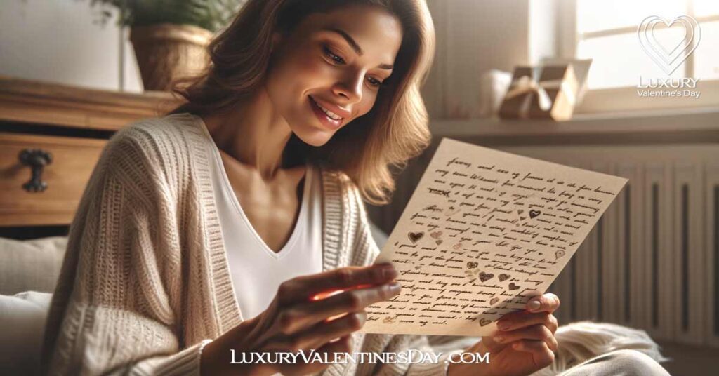 Examples Words of Affirmation for Her: Woman joyfully reading a note with words of affirmation in a cozy home setting. | Luxury Valentine's Day