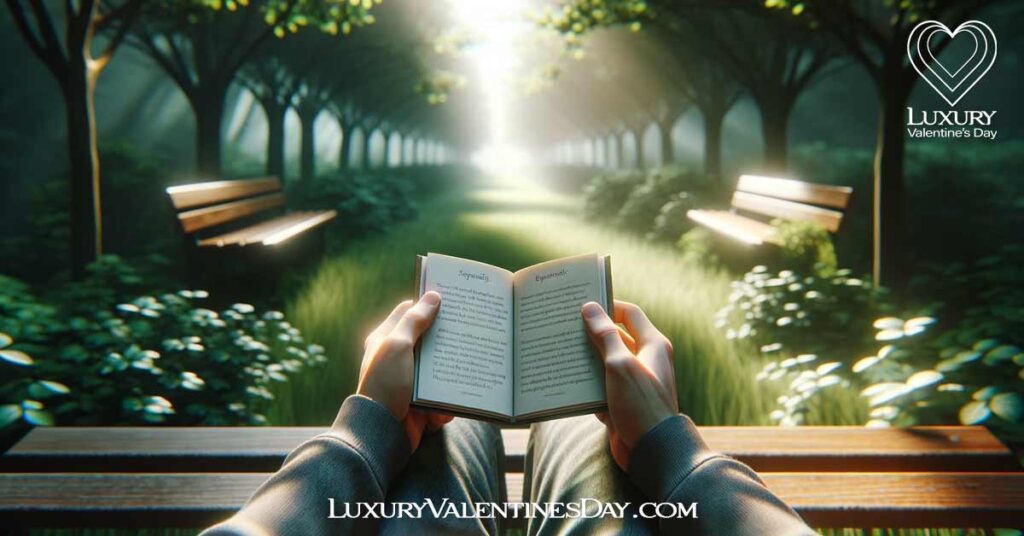 Extra Affirmations For Her: Person sitting alone on a bench in a park, reflecting with an affirmation book | Luxury Valentine's Day