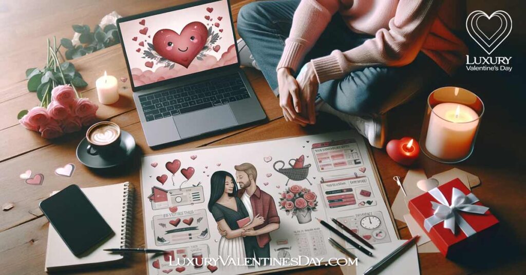 How To Plan Valentine's Day: Couple sitting together with a laptop, collaboratively planning Valentine's Day, reflecting teamwork and love | Luxury Valentine's Day