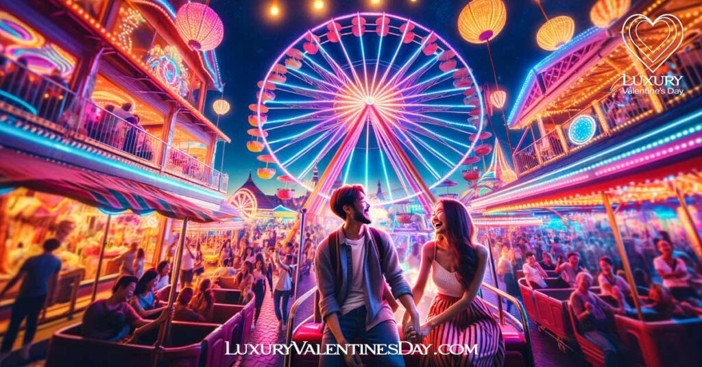 Fun Things To Do Valentine's Day: Couple enjoying a ferris wheel ride in an amusement park on Valentine's Day | Luxury Valentine's Day