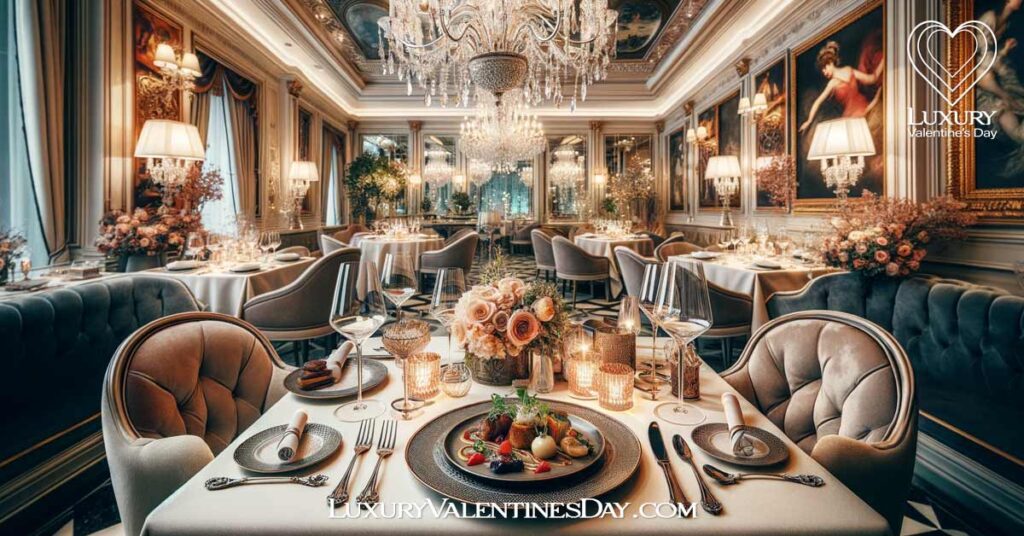 Gourmet Dinner Date Ideas: Luxurious gourmet dinner setting in a high-end restaurant for Valentine's Day | Luxury Valentine's Day