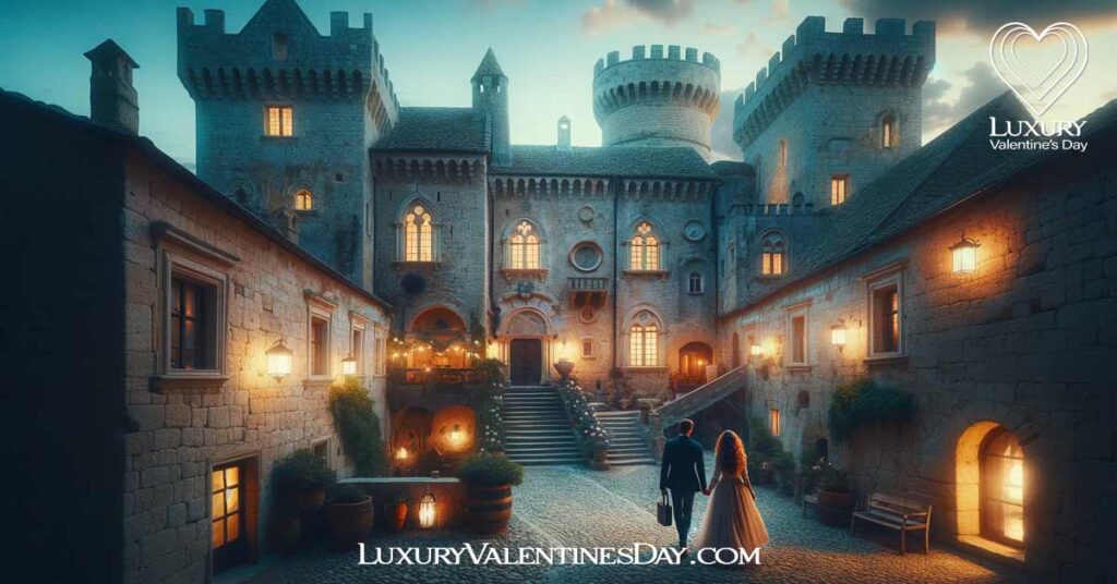 Historical Valentines Day Date Ideas: Couple on a Valentine's date in an ancient castle courtyard at dusk | Luxury Valentine's Day