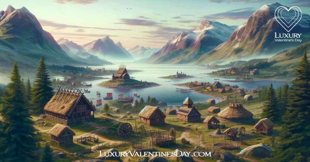 History of Valentine's Day Norway: Ancient Norwegian landscape with Viking settlement. | Luxury Valentine's Day