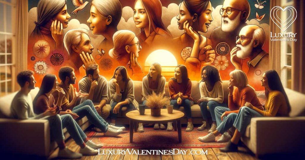 Diverse group conversing in a cozy living room, depicting love languages. | Luxury Valentine's Day