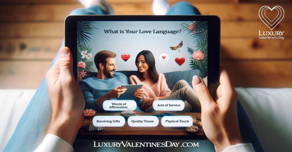 Identifying Your Partners Love Language. Couple engaging in a love language quiz on a tablet. | Luxury Valentine's Day