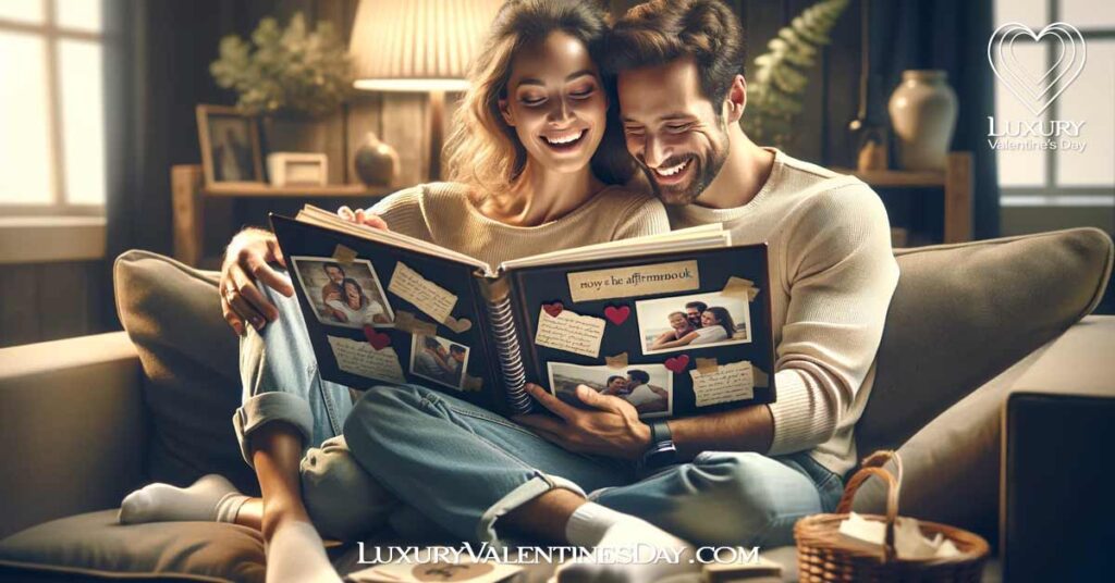 Inspiring Words of Affirmation. A couple sitting on a sofa looking through their photo album | Luxury Valentine's Day