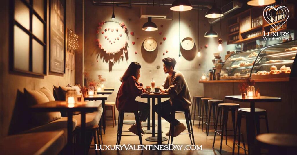 Last Minute Valentine's Date Ideas: Couple enjoying a last-minute Valentine's date in a cozy coffee shop | Luxury Valentine's Day