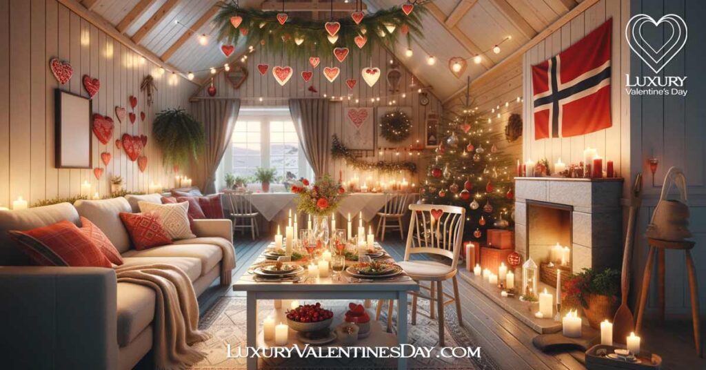 Norways Valentines Celebrations: Cozy Norwegian home interior with Valentine's Day decorations. | Luxury Valentine's Day