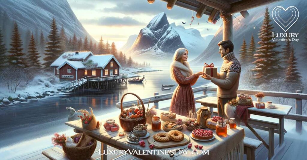 Norwegian Valentines Gifts: Norwegian couple exchanging traditional Valentine's gifts. | Luxury Valentine's Day
