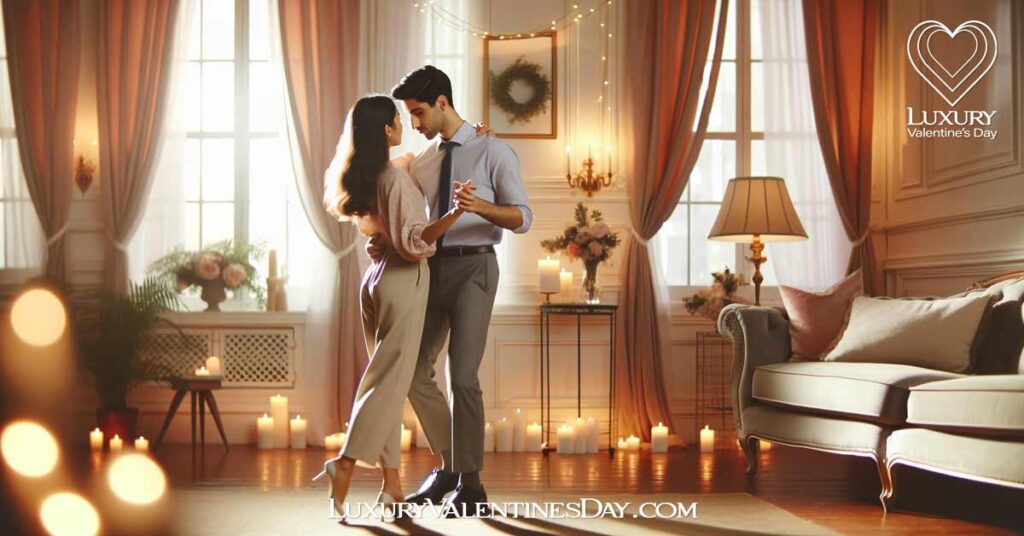 How To Plan Valentine's Day: Elegant couple enjoying a private dance in a romantically lit living room with decorations. | Luxury Valentine's Day