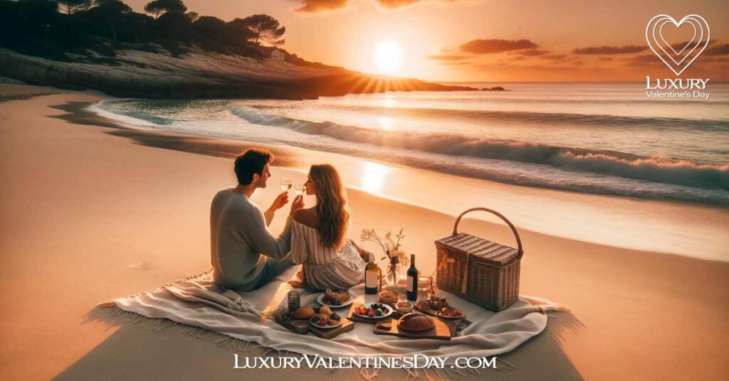 Outdoor Romantic Dates for Valentines: Couple enjoying a romantic Valentine's picnic on the beach at sunset | Luxury Valentine's Day