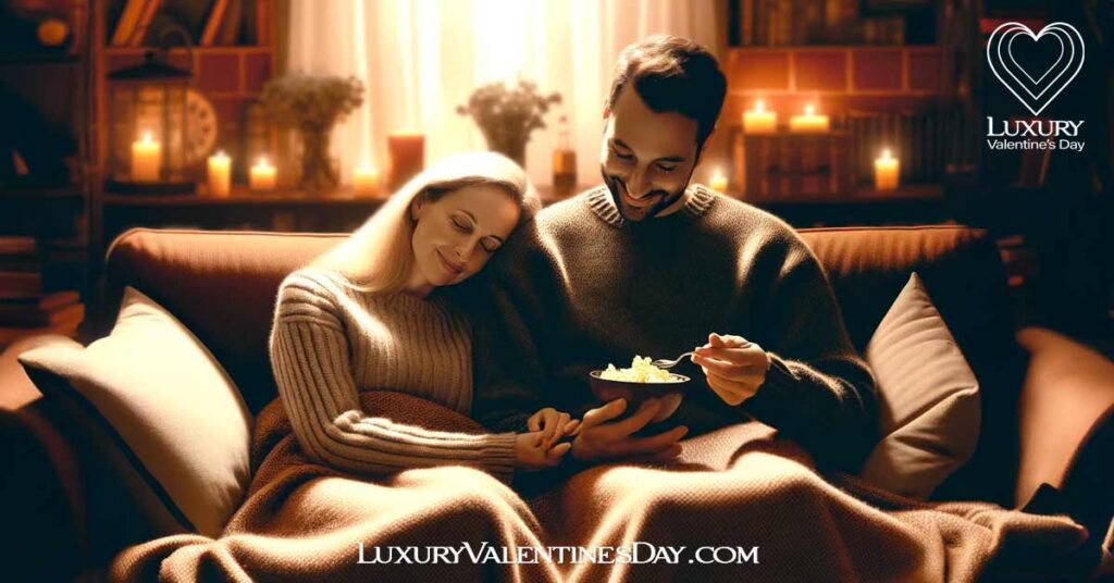 Physical Touch and Quality Time with Acts of Service: Couple cuddled up watching a movie with homemade snacks, symbolizing a blend of Physical Touch and Acts of Service | Luxury Valentine's Day