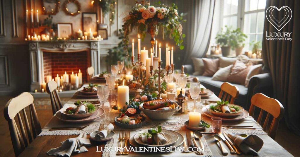 How To Plan Valentine's Day: Elegant homemade dinner setup with romantic decorations and candles, creating an intimate dining atmosphere | Luxury Valentine's Day
