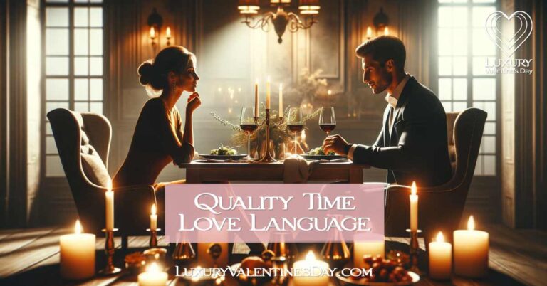 Quality Time Love Language: Couple enjoying a romantic dinner in an elegant setting, showcasing quality time. | Luxury Valentine's Day