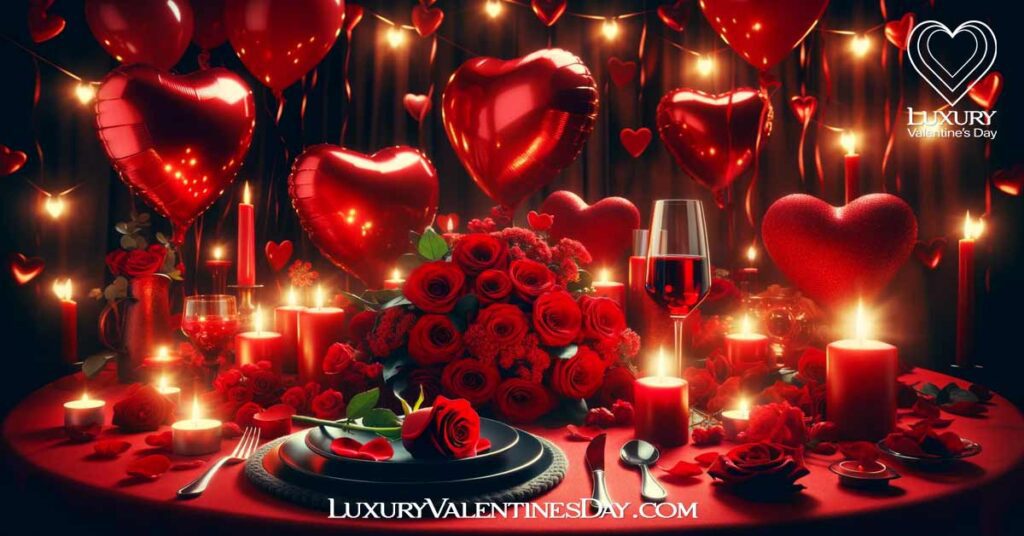 Romantic red-themed Valentine's Day candlelit dinner scene. | Luxury Valentine's Day