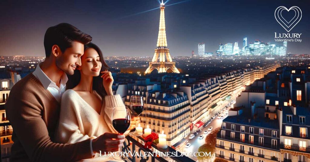 Romantic City Breaks for Valentines: Couple enjoying a romantic evening with a view of the Eiffel Tower on Valentine's Day | Luxury Valentine's Day