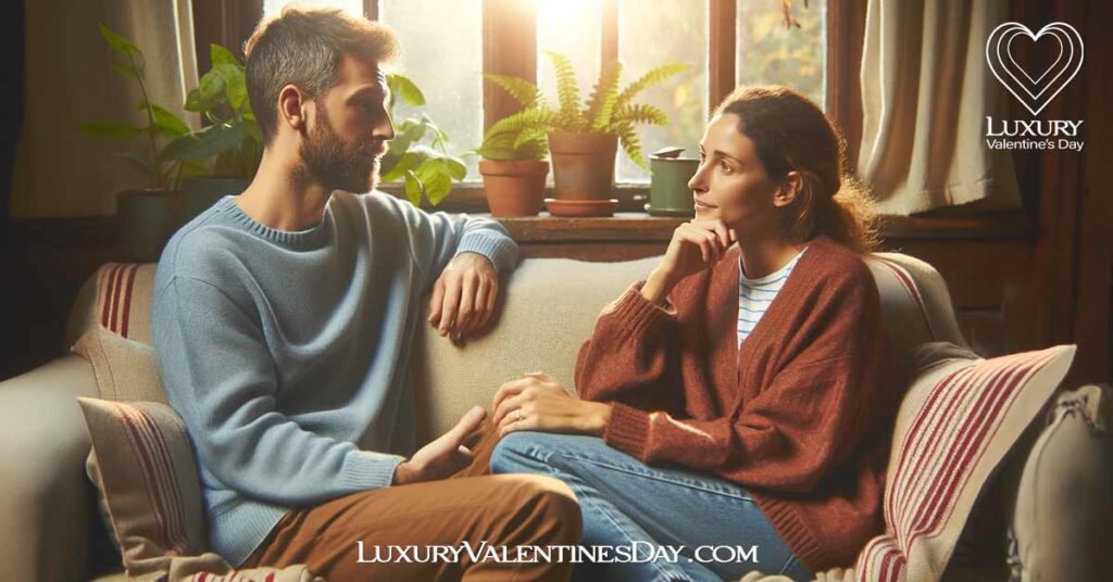 Seeking More Affirmations. Couple having a sincere conversation about emotional needs.| Luxury Valentine's Day