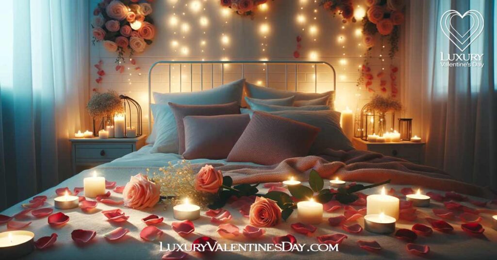 How To Plan Valentine's Day: Romantic bedroom with soft lighting, rose petals on the bed, candles, and fairy lights. | Luxury Valentine's Day