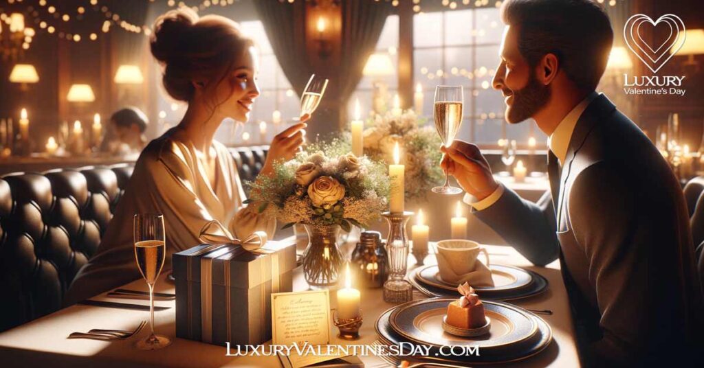 Special Occasion Affirmations for Her: Couple celebrating an anniversary in a romantic restaurant setting with champagne | Luxury Valentine's Day