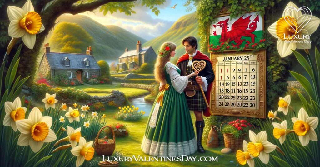 When is St Dwynwen's Day? |Couple in Welsh attire with a St Dwynwen's Day calendar in a garden. | Luxury Valentine's Day