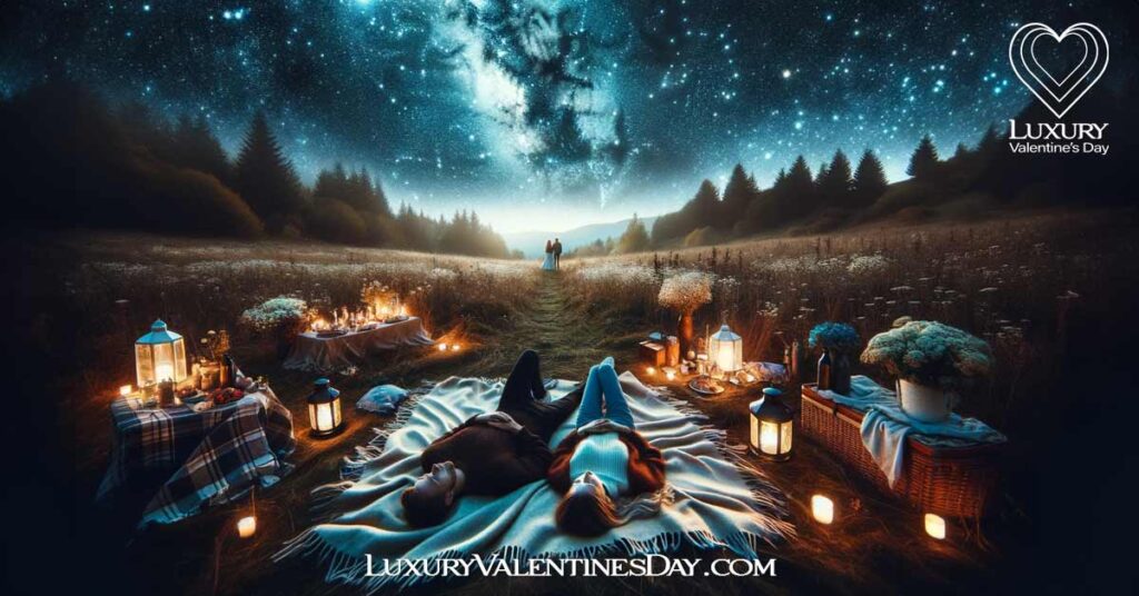 Star Gazing Date Ideas for Valentines: Couple on a romantic star gazing date in a secluded meadow for Valentine's Day | Luxury Valentine's Day