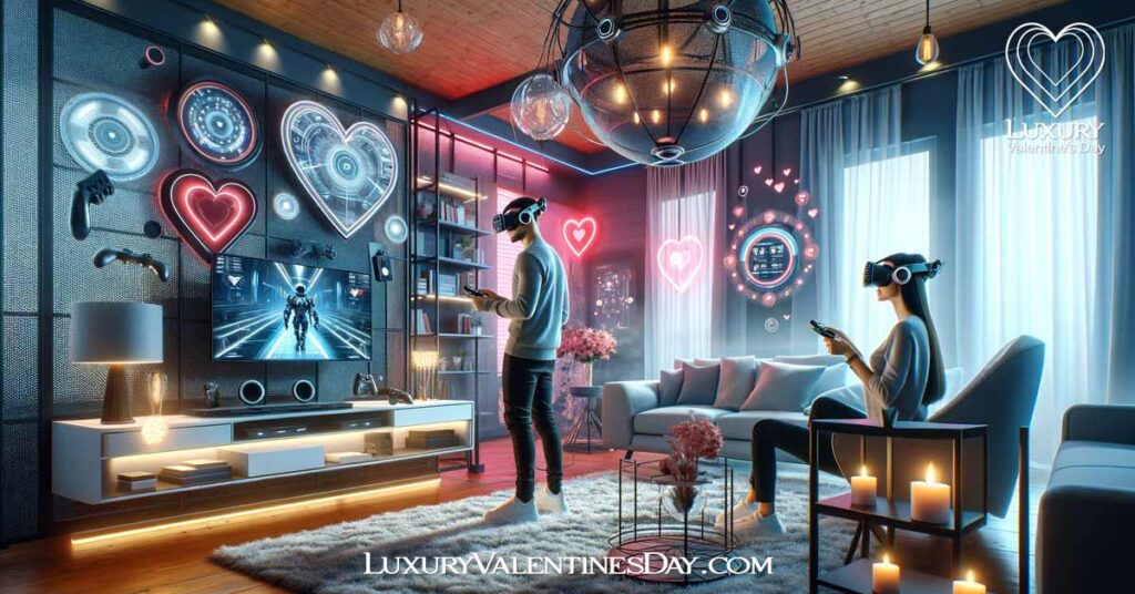 Tech Themed Valentines Date Ideas: Couple enjoying a VR experience in a tech-themed Valentine's date at home | Luxury Valentine's Day