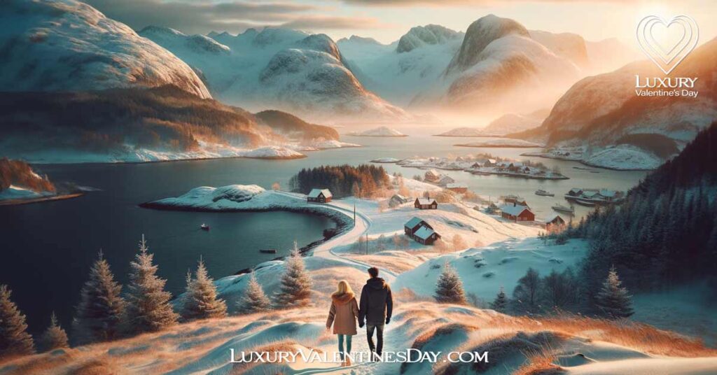 Tips for Celebrating Valentin's Day Norway: Couple on a romantic walk in Norwegian winter landscape. | Luxury Valentine's Day