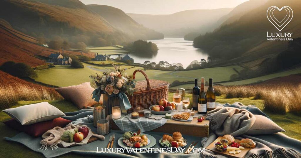 Romantic outdoor picnic setup for Valentine's Day in Wales. | Luxury Valentine's Day