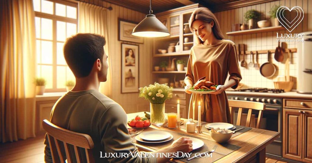 Understanding Acts of Service Love Language: Person surprising their partner with a home-cooked meal in a warm kitchen, embodying an act of service in a relationship | Luxury Valentine's Day