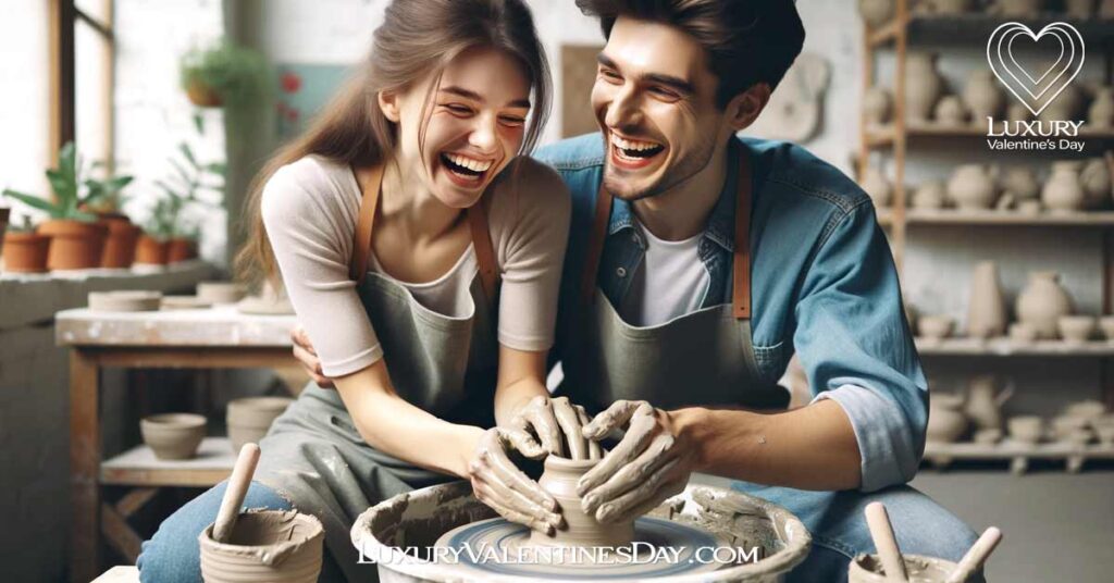 How To Plan Valentine's Day: Couple having fun in pottery making class, shaping clay together in a creative workshop | Luxury Valentine's Day