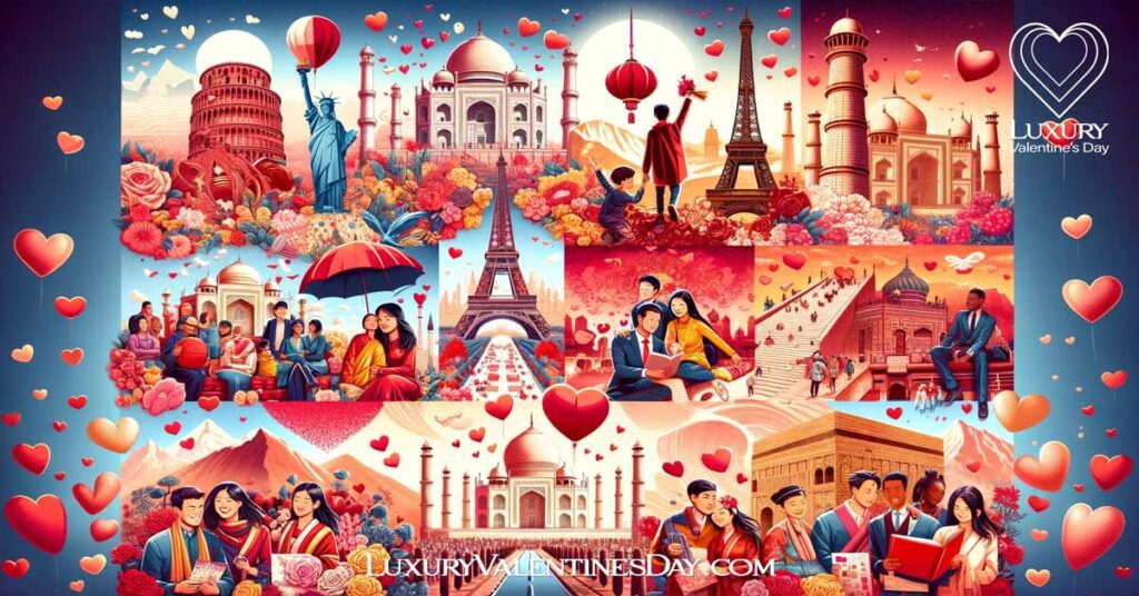 Global landmarks adorned with Valentine's Day colors and decorations. | Luxury Valentine's Day