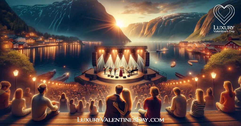 Valentine Events and Festivities Norway: Romantic concert in Norway with couples enjoying live music. | Luxury Valentine's Day