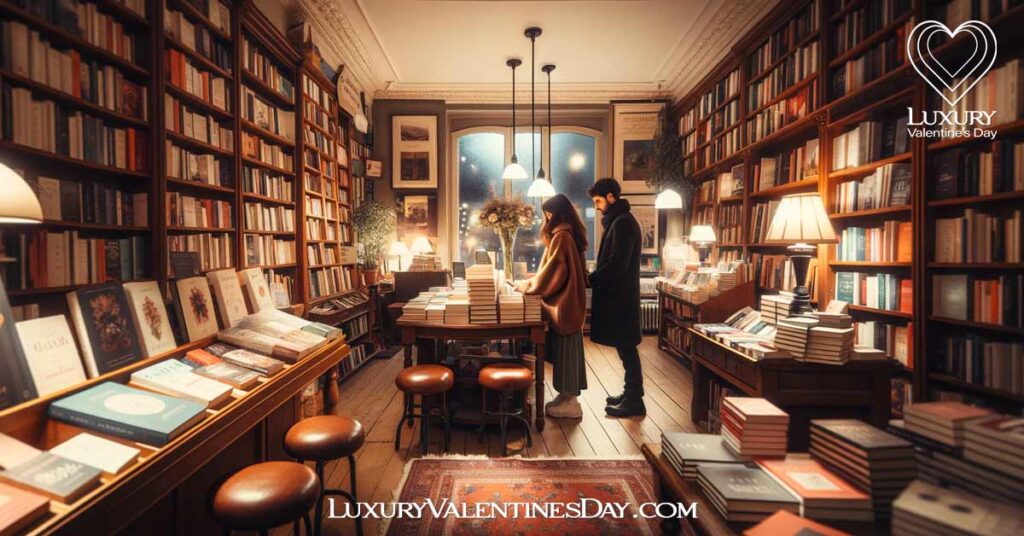 Valentine's Day Bookstore Dates: Couple on a cozy Valentine's Day date in a quaint bookstore | Luxury Valentine's Day