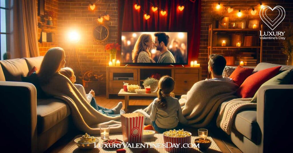 Valentine's Day Date Ideas for New Couple: Family enjoying a cozy movie night at home on Valentine's Day | Luxury Valentine's Day