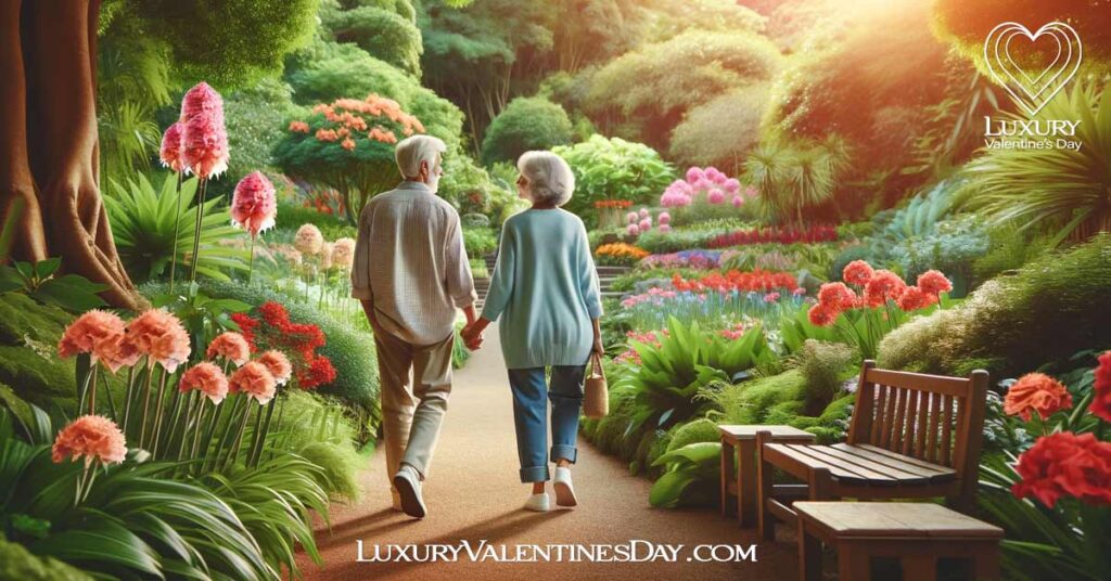 Valentine's Day Date Ideas for Seniors: Senior couple enjoying a Valentine's Day walk in a botanical garden | Luxury Valentine's Day